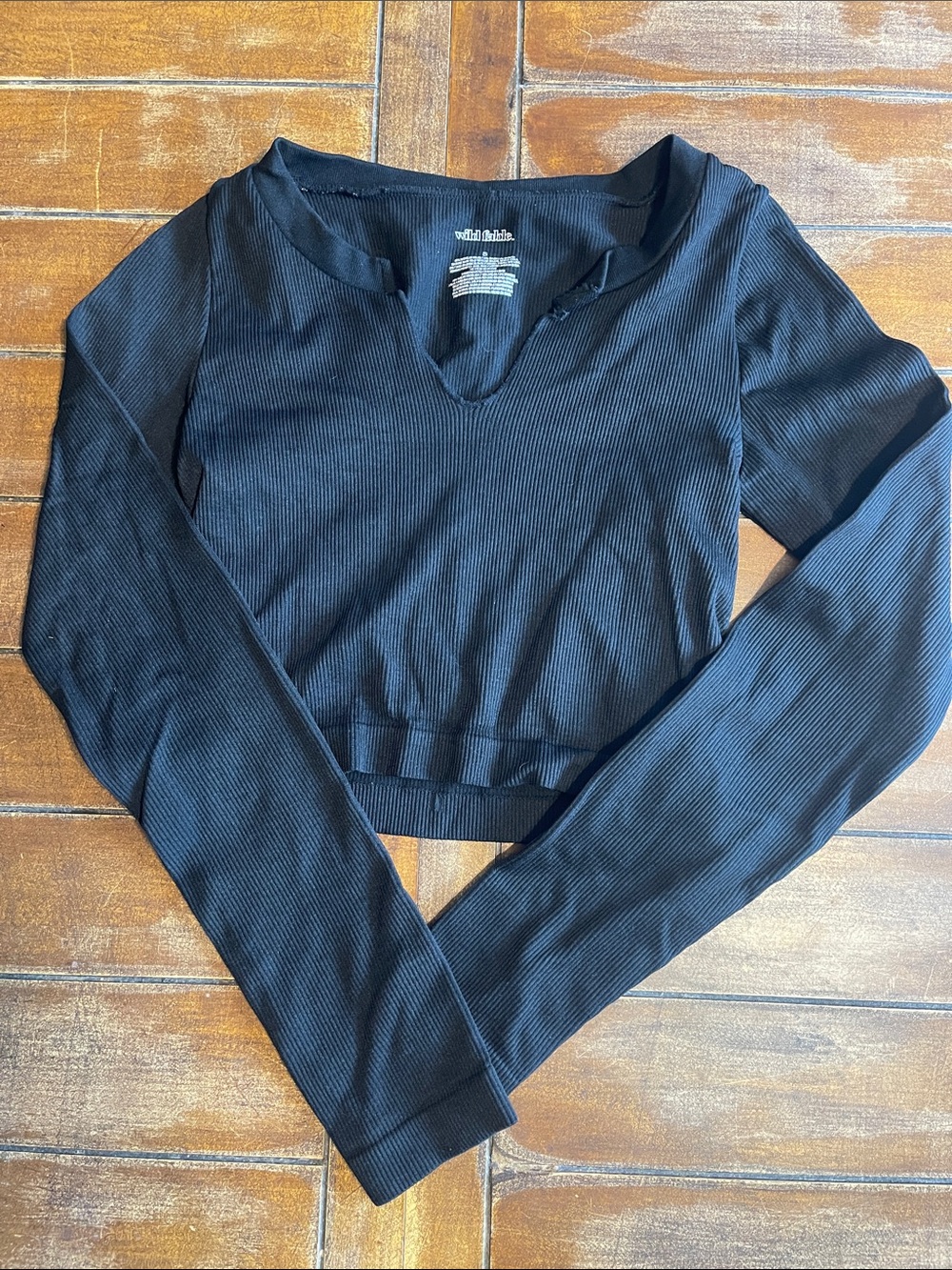 wild fable Black Ribbed V-Notch Long Sleeve Crop Top